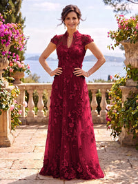 Cap Sleeves Stand Collar Tulle Long Mother of the Bride/Groom Dresses