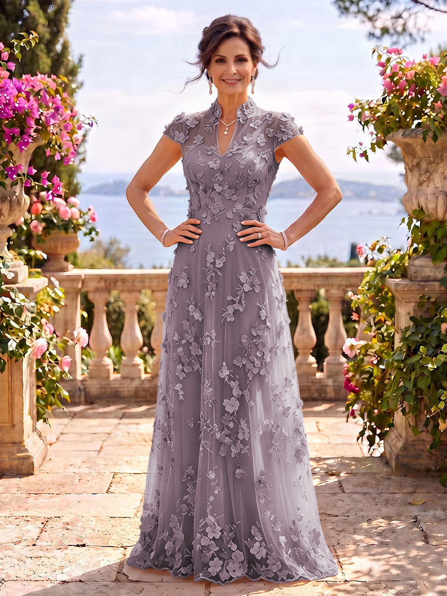 Cap Sleeves Stand Collar Tulle Long Mother of the Bride/Groom Dresses
