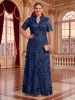 Plus Size Stand Collar Tulle Short Sleeves Long Mother of the Bride/Groom Dresses
