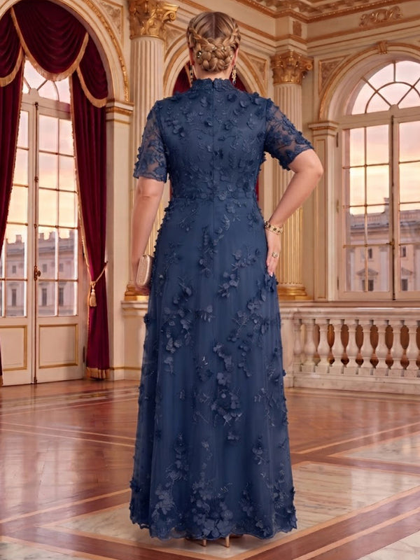 Plus Size Stand Collar Tulle Short Sleeves Long Mother of the Bride/Groom Dresses