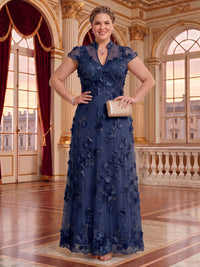 Plus Size Cap Sleeves Stand Collar Tulle Long Mother of the Bride/Groom Dresses
