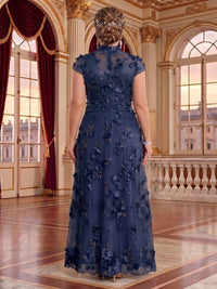 Plus Size Cap Sleeves Stand Collar Tulle Long Mother of the Bride/Groom Dresses