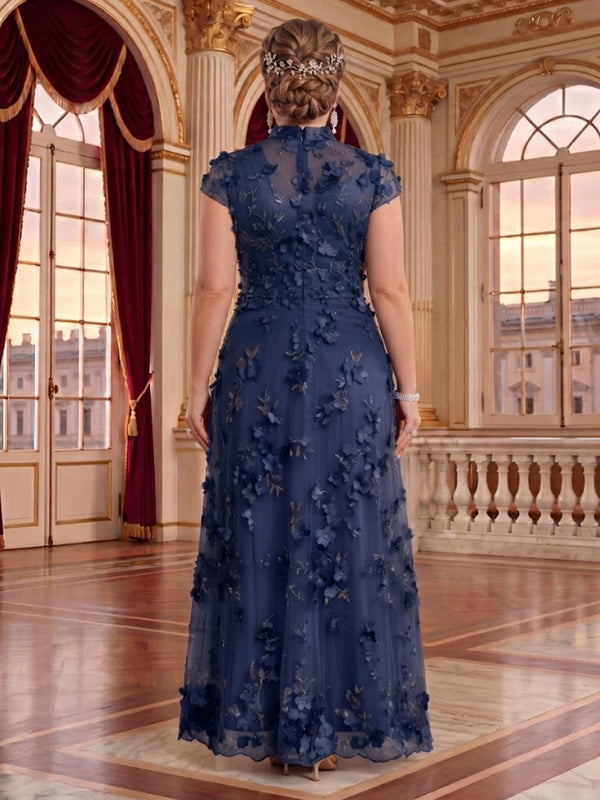 Plus Size Cap Sleeves Stand Collar Tulle Long Mother of the Bride/Groom Dresses