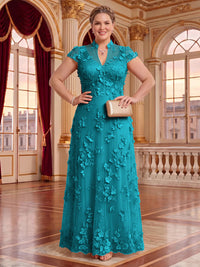 Plus Size Cap Sleeves Stand Collar Tulle Long Mother of the Bride/Groom Dresses