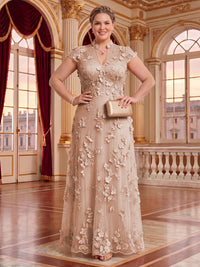 Plus Size Cap Sleeves Stand Collar Tulle Long Mother of the Bride/Groom Dresses