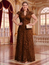 Plus Size Cap Sleeves Stand Collar Tulle Long Mother of the Bride/Groom Dresses