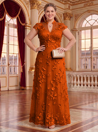 Plus Size Cap Sleeves Stand Collar Tulle Long Mother of the Bride/Groom Dresses