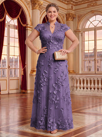 Plus Size Cap Sleeves Stand Collar Tulle Long Mother of the Bride/Groom Dresses