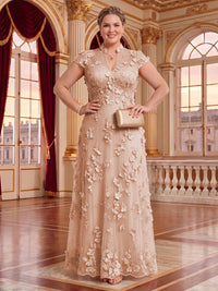 Plus Size Cap Sleeves Stand Collar Tulle Long Mother of the Bride/Groom Dresses