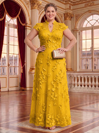 Plus Size Cap Sleeves Stand Collar Tulle Long Mother of the Bride/Groom Dresses