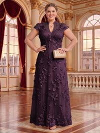 Plus Size Cap Sleeves Stand Collar Tulle Long Mother of the Bride/Groom Dresses