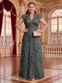 Plus Size Cap Sleeves Stand Collar Tulle Long Mother of the Bride/Groom Dresses
