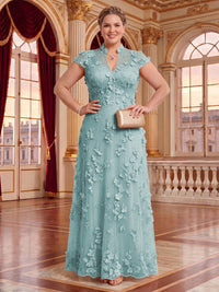 Plus Size Cap Sleeves Stand Collar Tulle Long Mother of the Bride/Groom Dresses