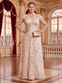 Plus Size Cap Sleeves Stand Collar Tulle Long Mother of the Bride/Groom Dresses