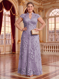 Plus Size Cap Sleeves Stand Collar Tulle Long Mother of the Bride/Groom Dresses
