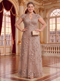 Plus Size Cap Sleeves Stand Collar Tulle Long Mother of the Bride/Groom Dresses