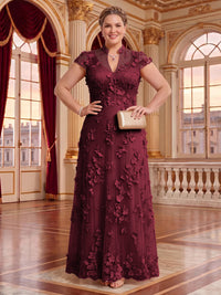 Plus Size Cap Sleeves Stand Collar Tulle Long Mother of the Bride/Groom Dresses