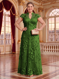 Plus Size Cap Sleeves Stand Collar Tulle Long Mother of the Bride/Groom Dresses