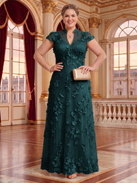 Plus Size Cap Sleeves Stand Collar Tulle Long Mother of the Bride/Groom Dresses