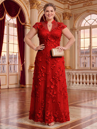 Plus Size Cap Sleeves Stand Collar Tulle Long Mother of the Bride/Groom Dresses
