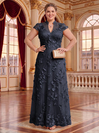 Plus Size Cap Sleeves Stand Collar Tulle Long Mother of the Bride/Groom Dresses