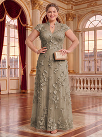 Plus Size Cap Sleeves Stand Collar Tulle Long Mother of the Bride/Groom Dresses