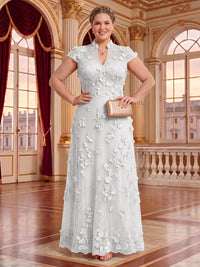 Plus Size Cap Sleeves Stand Collar Tulle Long Mother of the Bride/Groom Dresses