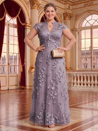 Plus Size Cap Sleeves Stand Collar Tulle Long Mother of the Bride/Groom Dresses