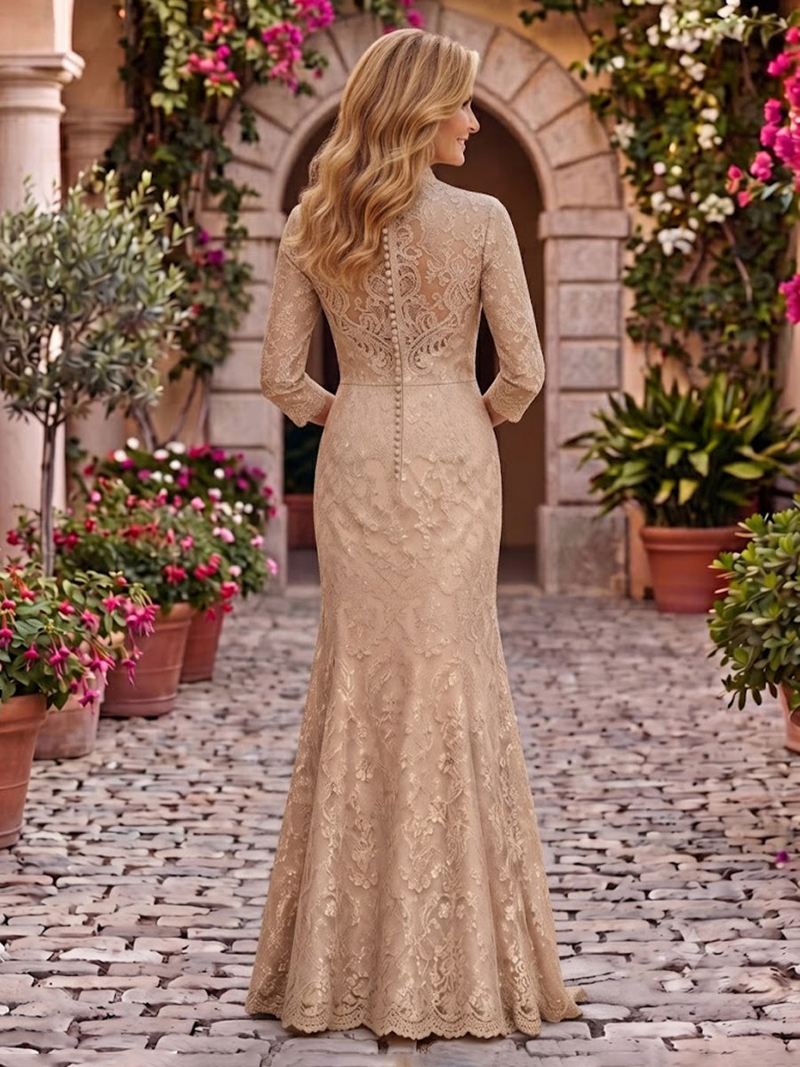 A Line 3/4 Sleeves Lace Stand Collar Mother of the Bride/Groom Dresses