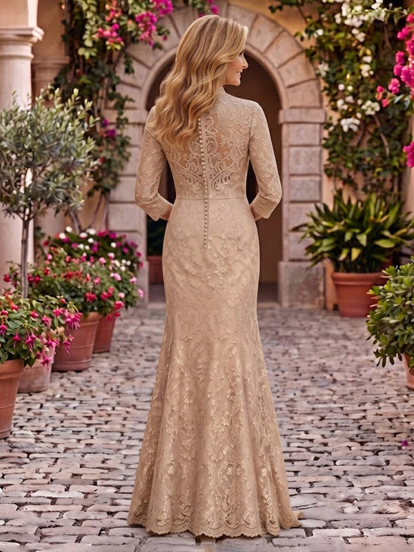 A Line 3/4 Sleeves Lace Stand Collar Mother of the Bride/Groom Dresses