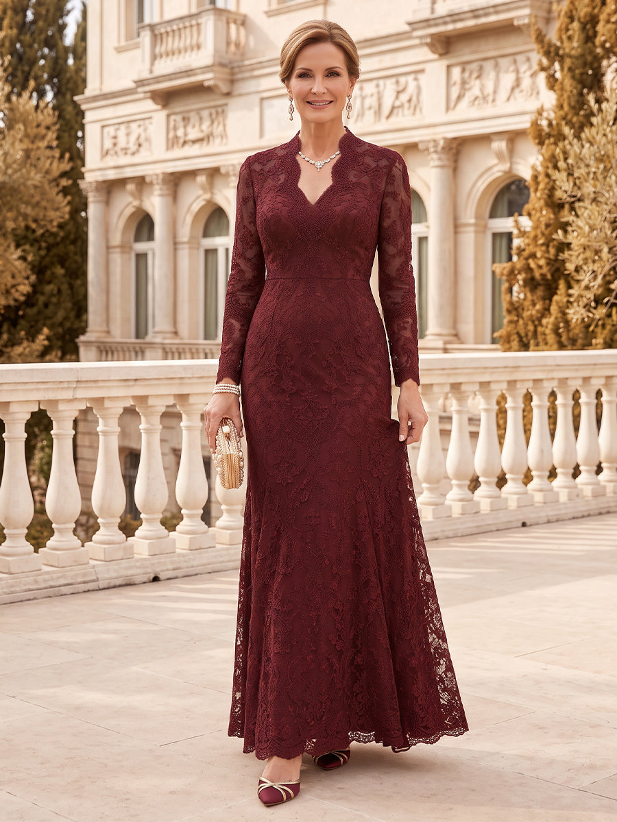 Lace Stand Collar Mermaid/Sheath Mother of the Bride/Groom Dresses with 3/4 Sleeves Lace Floor Length