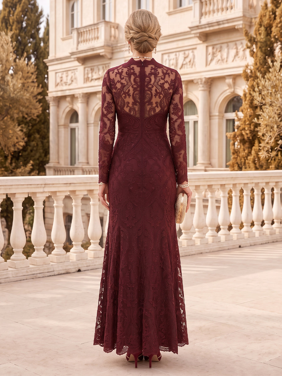 Lace Stand Collar Mermaid/Sheath Mother of the Bride/Groom Dresses with 3/4 Sleeves Lace Floor Length
