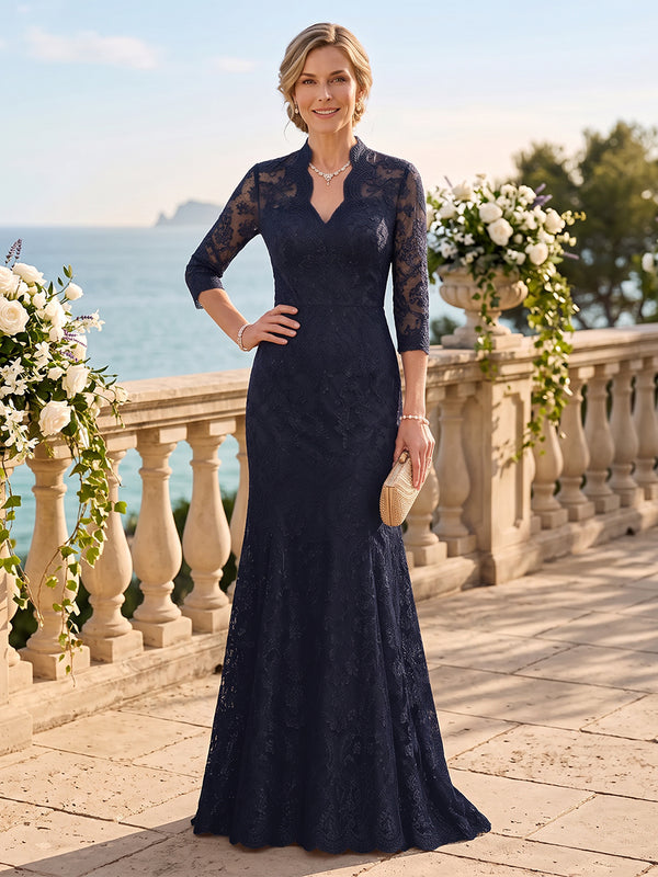 3/4 Sleeves Lace Mermaid/Sheath Mother of the Bride/Groom Dresses Stand Collar Floor Length