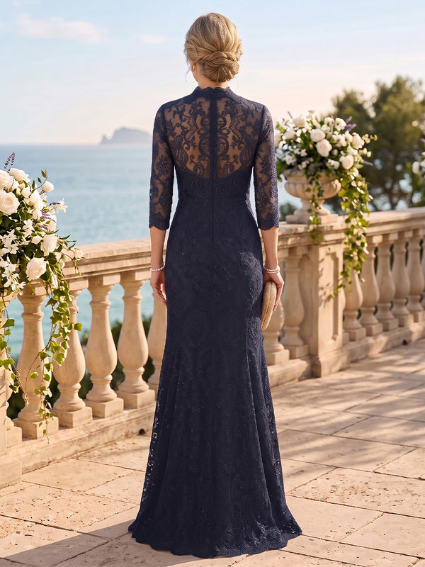 3/4 Sleeves Lace Mermaid/Sheath Mother of the Bride/Groom Dresses Stand Collar Floor Length