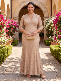 Plus Size 3/4 Sleeves V Neck Mermaid/Sheath Mother of the Bride/Groom Dresses Lace Floor Length