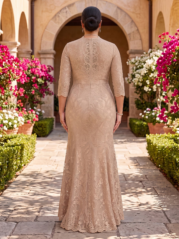 Plus Size 3/4 Sleeves V Neck Mermaid/Sheath Mother of the Bride/Groom Dresses Lace Floor Length