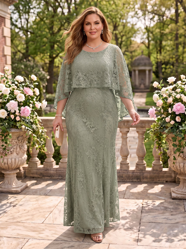Lace Plus Size A Line Floor Length Lace Appliques Mother of the Bride/Groom Dresses with Cap