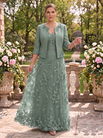 2 Pieces V Neck Long Sleeves 3D Flower A Line Mother of the Bride/Groom Dresses with Jacket
