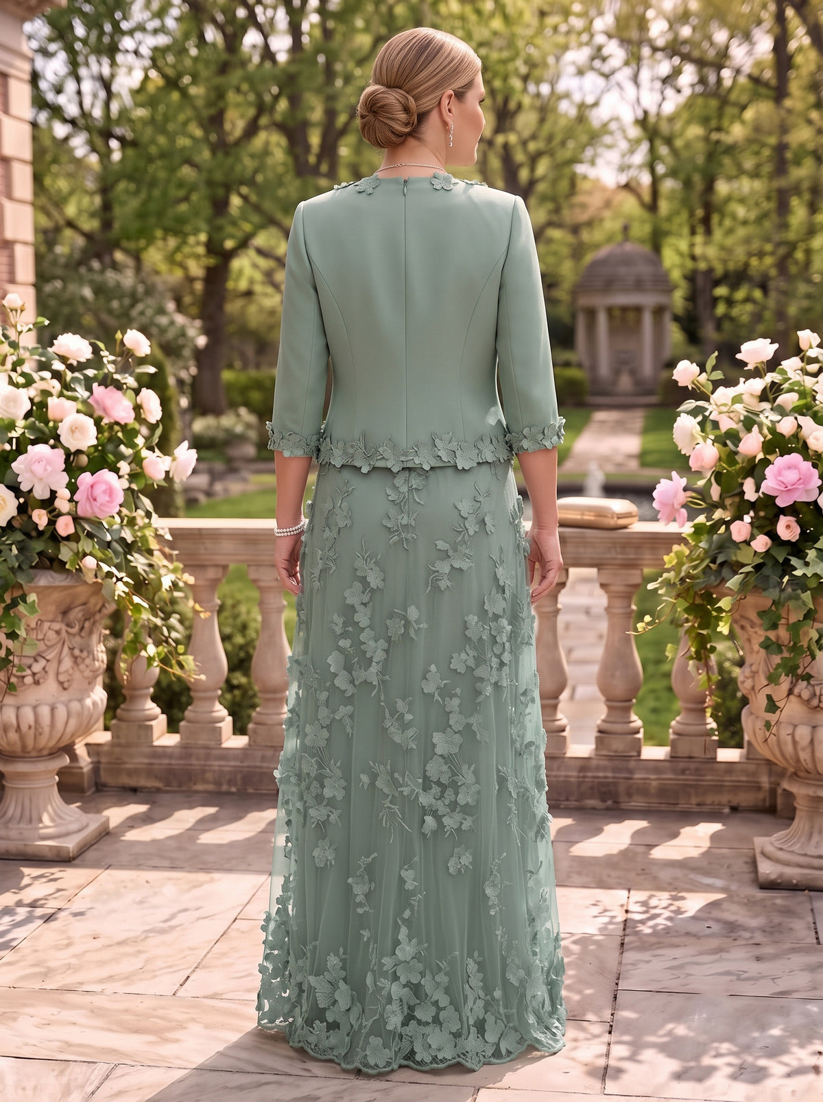 2 Pieces V Neck Long Sleeves 3D Flower A Line Mother of the Bride/Groom Dresses with Jacket