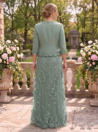 2 Pieces V Neck Long Sleeves 3D Flower A Line Mother of the Bride/Groom Dresses with Jacket