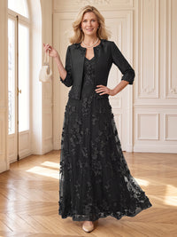 2 Pieces 3D Flower V Neck Long Sleeves A Line Mother of the Bride/Groom Dresses with Jacket