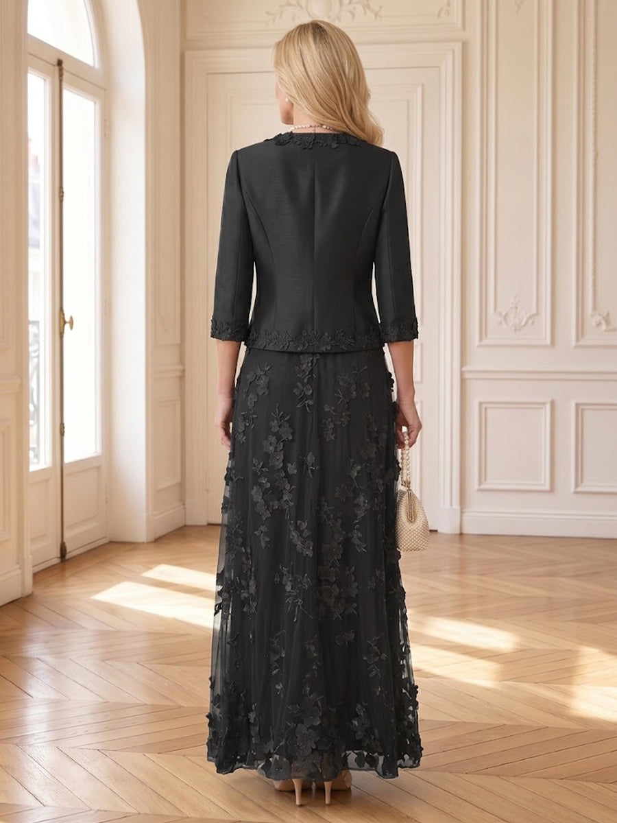 2 Pieces 3D Flower V Neck Long Sleeves A Line Mother of the Bride/Groom Dresses with Jacket