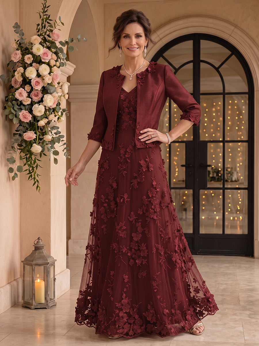 2 Pieces 3D Flower Long Sleeves V Neck A Line Mother of the Bride/Groom Dresses with Jacket