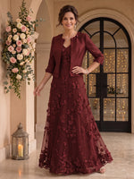 2 Pieces 3D Flower Long Sleeves V Neck A Line Mother of the Bride/Groom Dresses with Jacket