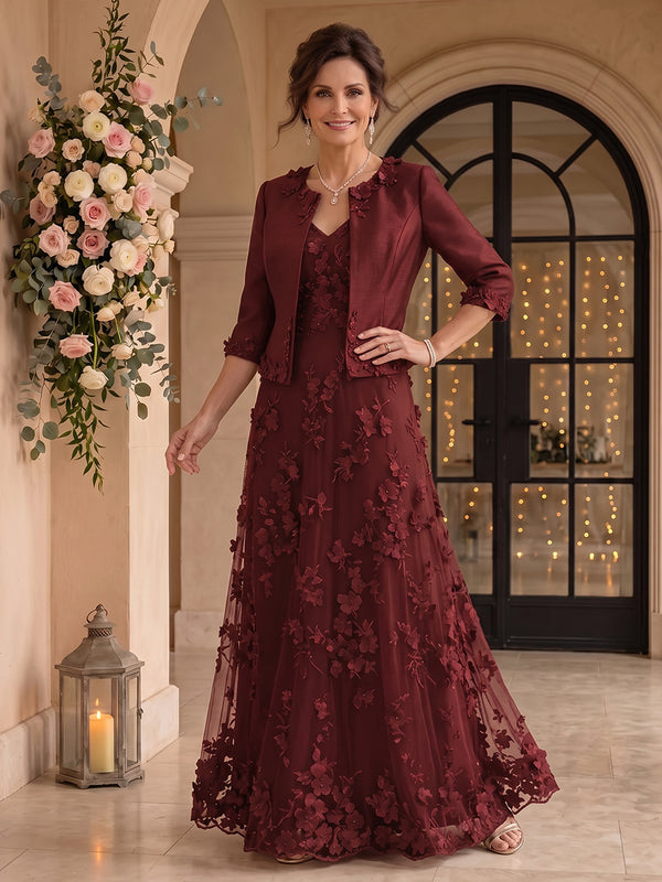 2 Pieces 3D Flower Long Sleeves V Neck A Line Mother of the Bride/Groom Dresses with Jacket