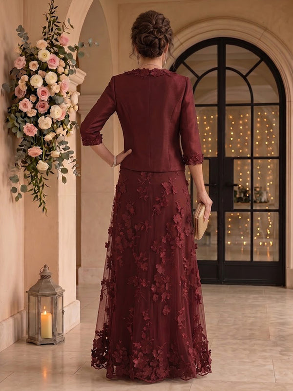 2 Pieces 3D Flower Long Sleeves V Neck A Line Mother of the Bride/Groom Dresses with Jacket
