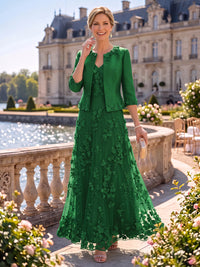 3D Flower 2 Pieces Long Sleeves V Neck A Line Mother of the Bride/Groom Dresses with Jacket