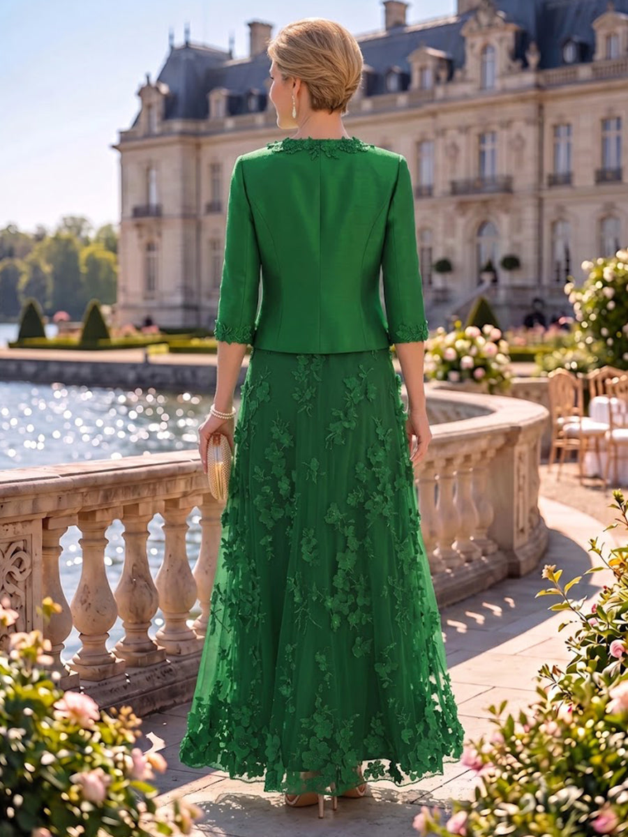3D Flower 2 Pieces Long Sleeves V Neck A Line Mother of the Bride/Groom Dresses with Jacket