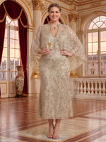 Stand Collar Plus Size Tea Length Mermaid Mother of the Bride/Groom Dresses with Cape