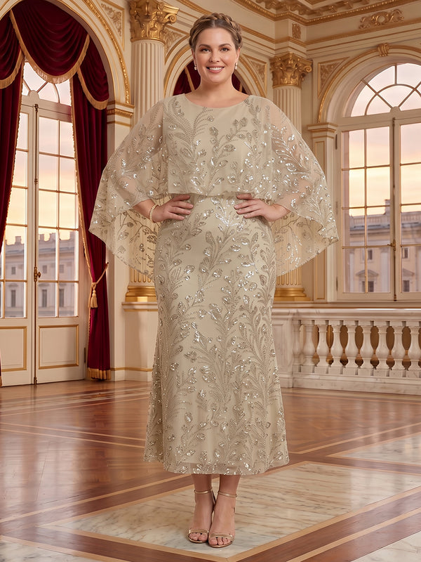 Tea Length Plus Size Jewel Neck Mermaid Mother of the Bride/Groom Dresses with Cape